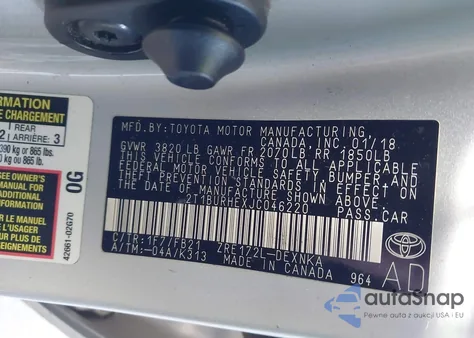 2018 Toyota Corolla Le z USA, uszkodzony, nr VIN 2T1BURHEXJC046220